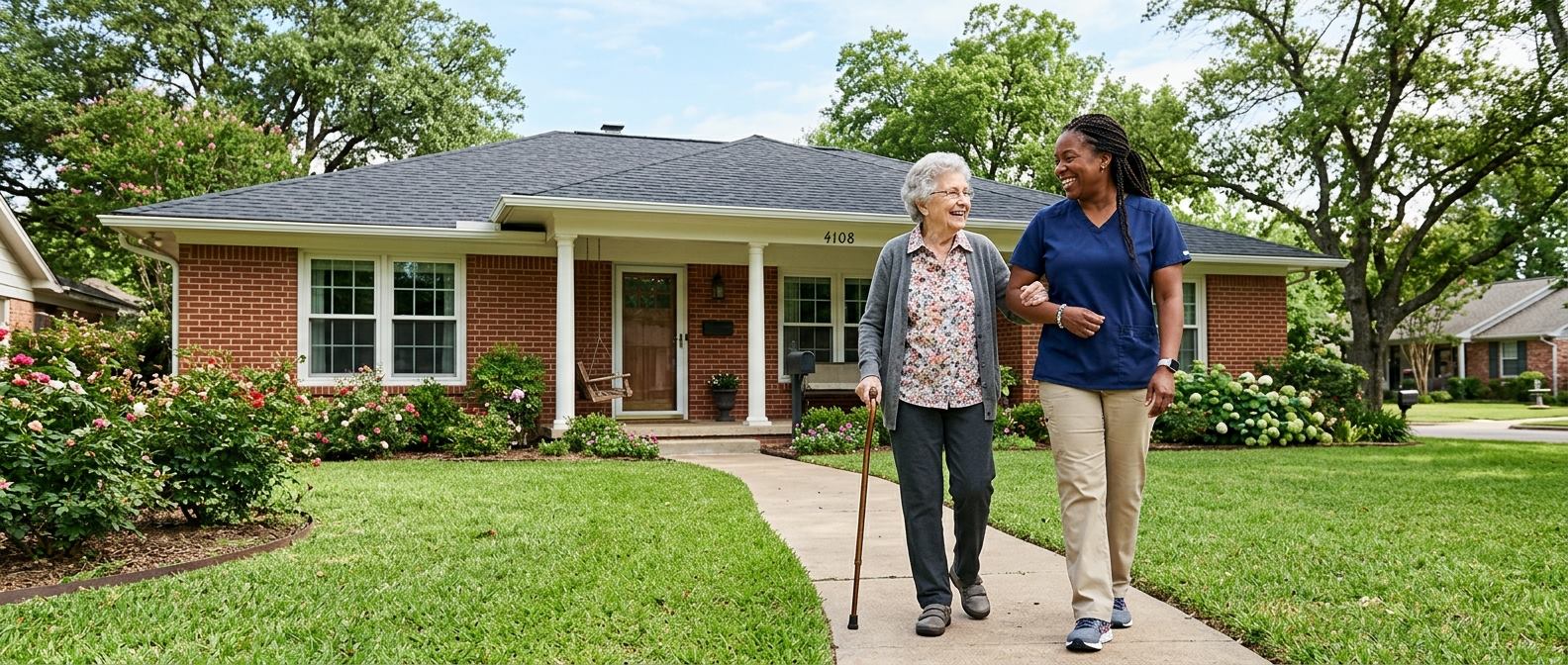 A caregiver walking arm-in-arm with a smiling elderly woman outside her home