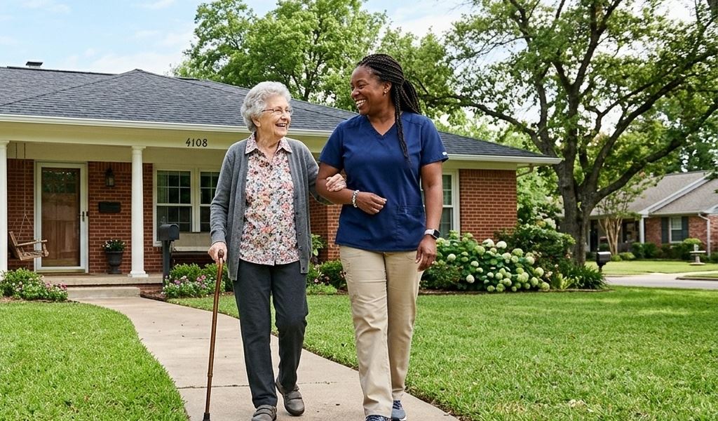 A Gracefull Care caregiver walking arm in arm with an elderly client outside her home