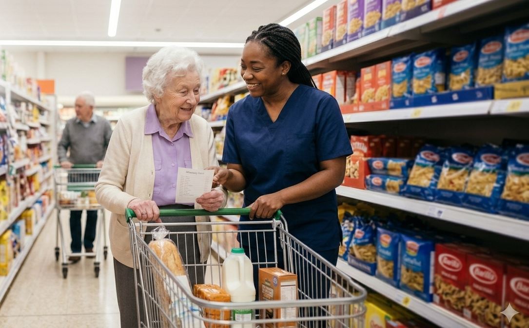 A Gracefull Care caregiver helping a senior client with her grocery shopping