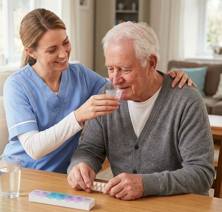 A Gracefull Care caregiver gently helping a senior client with his daily medication at home